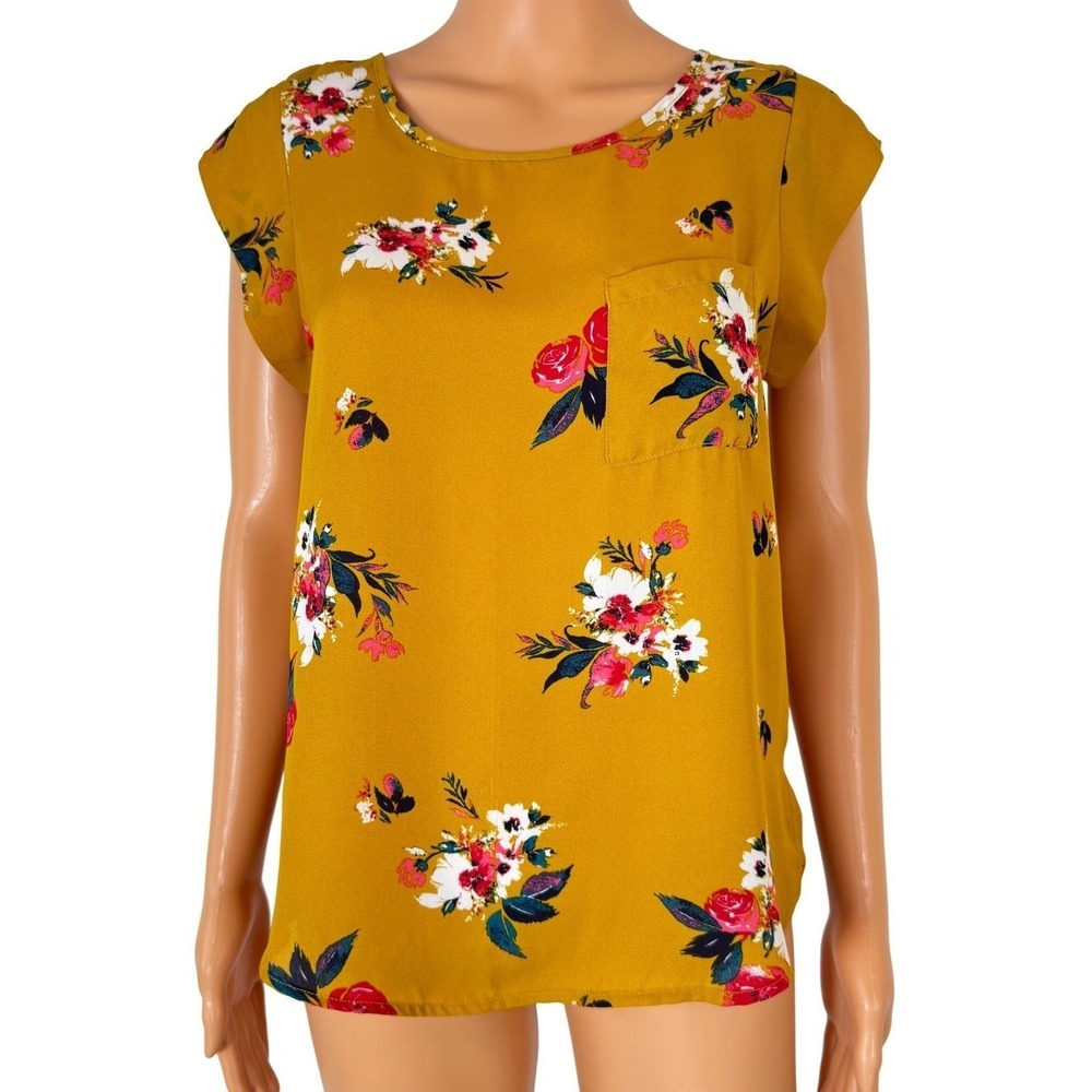 Shirt Blouse Womens Small S.R. by Sweet Rain Yellow Floral Cap Sleeve S Top
